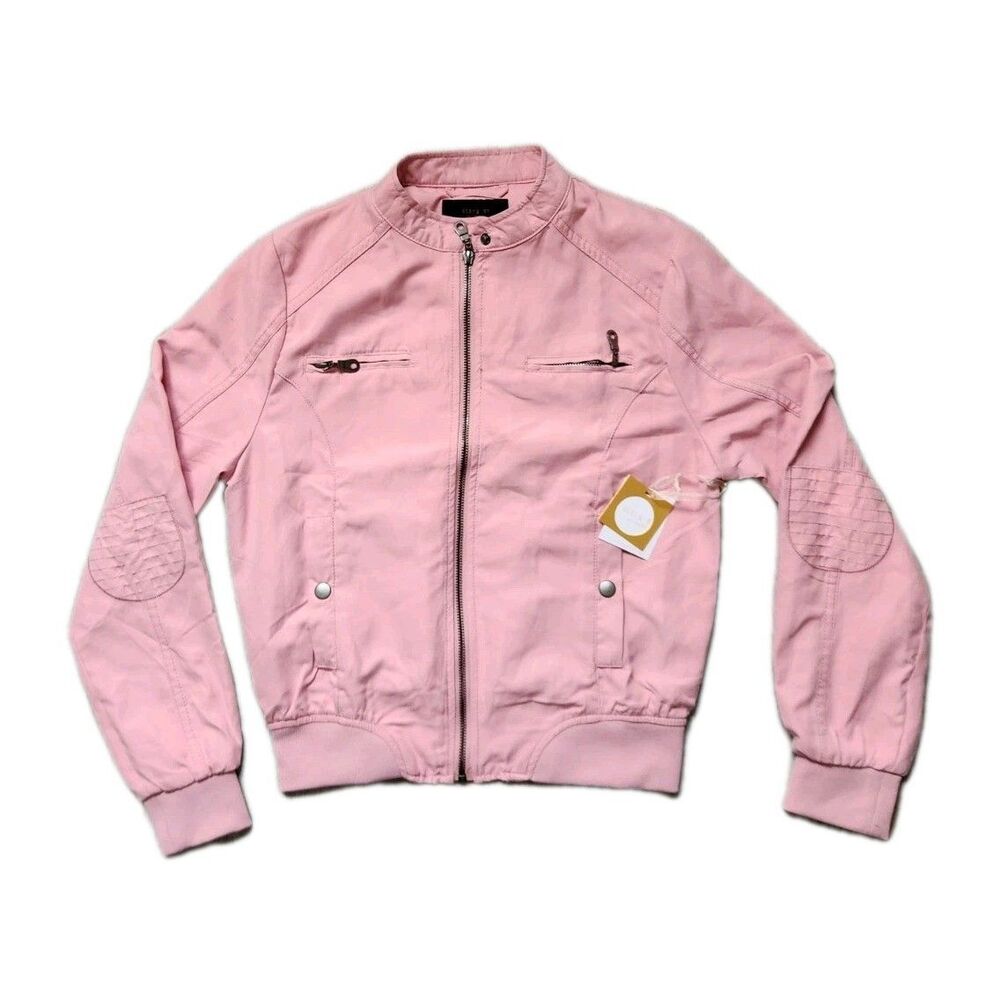 NWT Story On Los Angeles Suede Pink Moto Bomber Jacket Women Zip Elbow Patch M